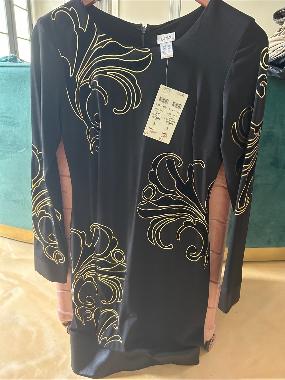 Cache Black Long-Sleeve Dress with Gold Scroll Embroidery